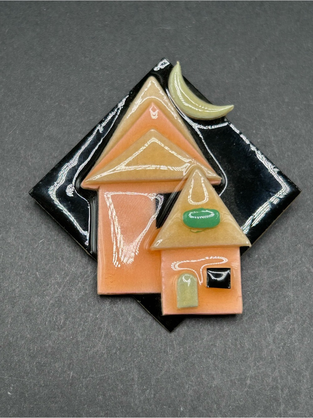 VTG House Pins by Lucinda Ceramic House Pin Brooch with Moon